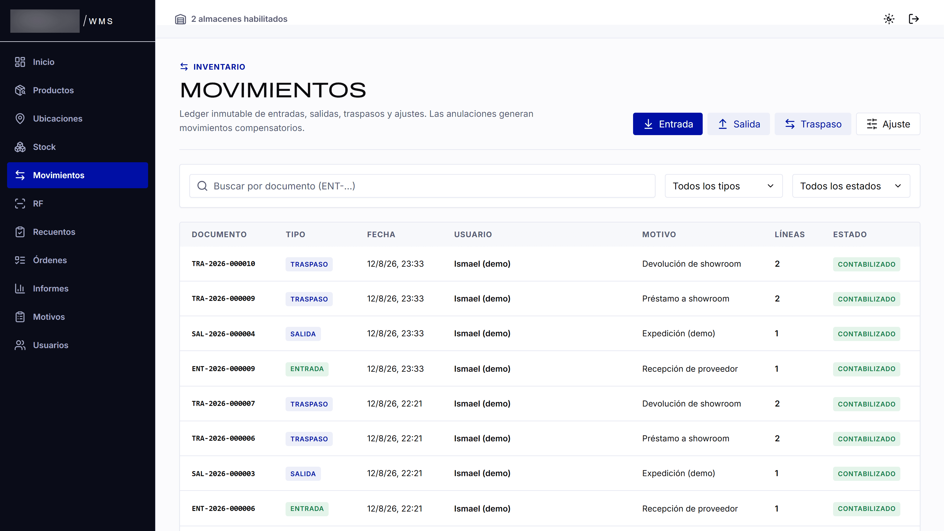 Aplicación de almacén: listado de movimientos de entrada, salida y traspaso