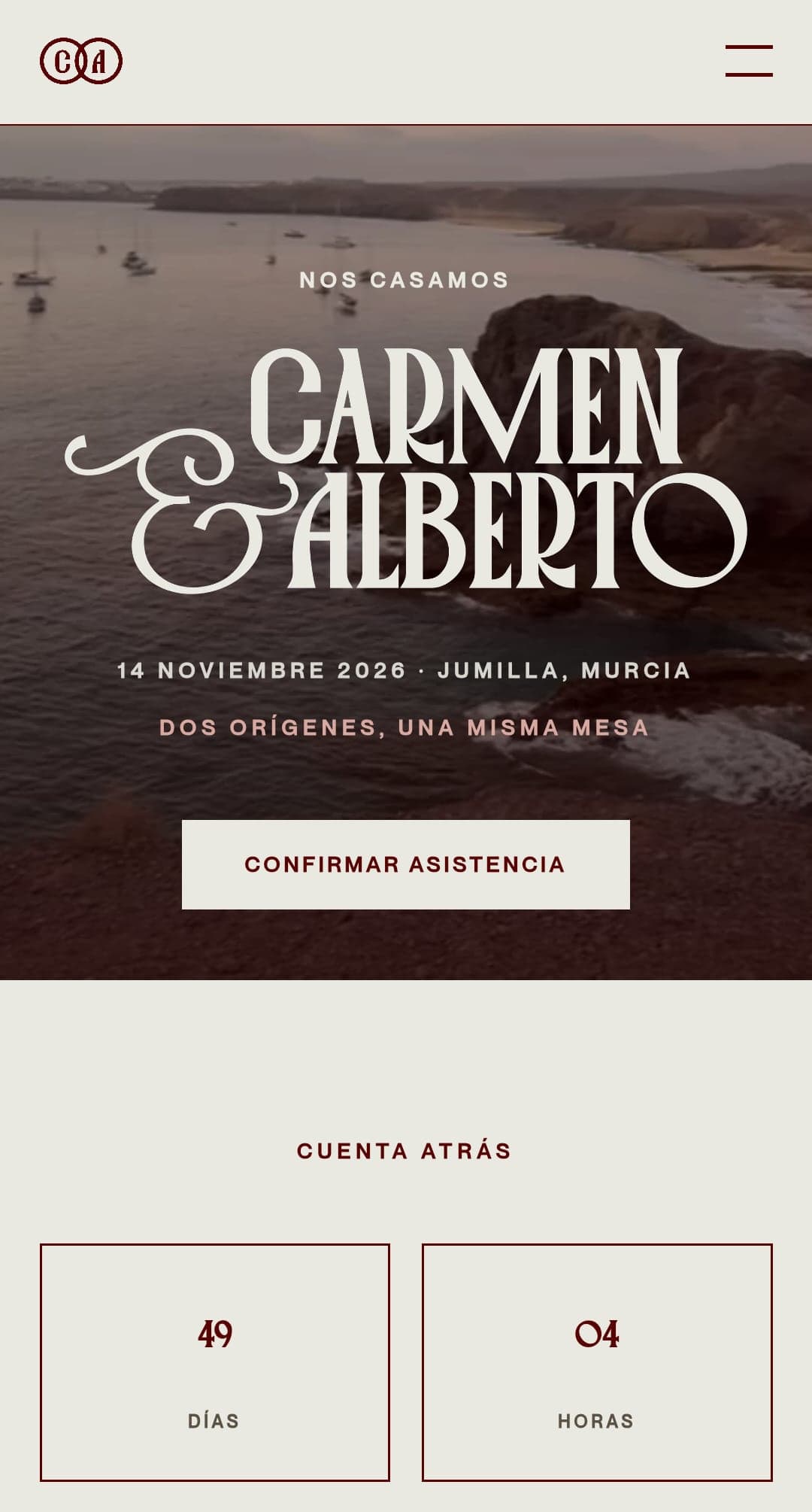 Web del evento en el móvil: portada con los nombres de los novios, la fecha, el lugar y el botón para confirmar asistencia