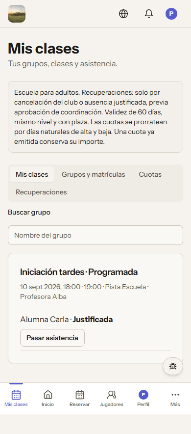 Portal del jugador de Padel Club OS en el móvil, con sus clases y asistencia