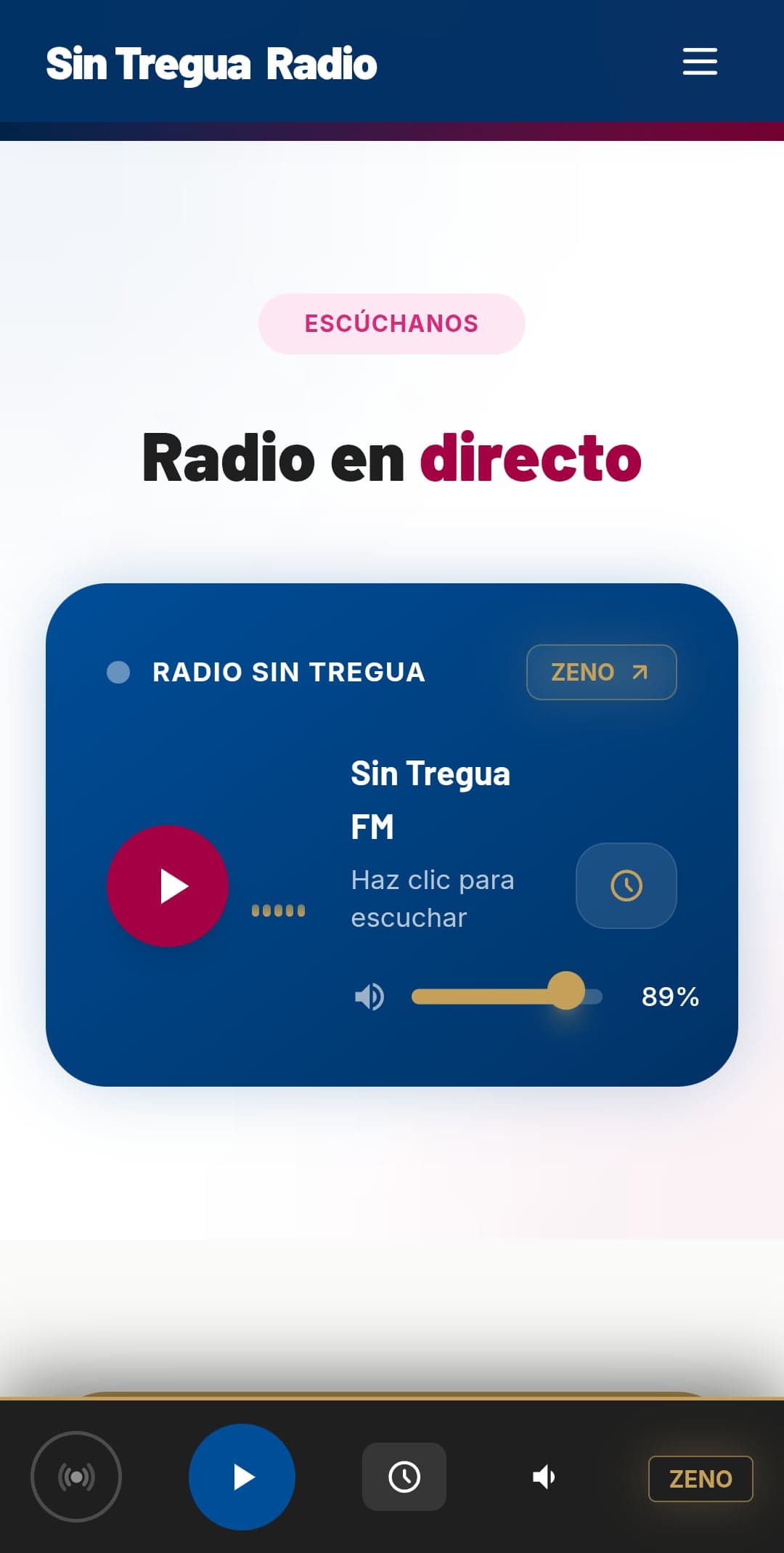 Pantalla del directo en el móvil, con el reproductor y el control de volumen