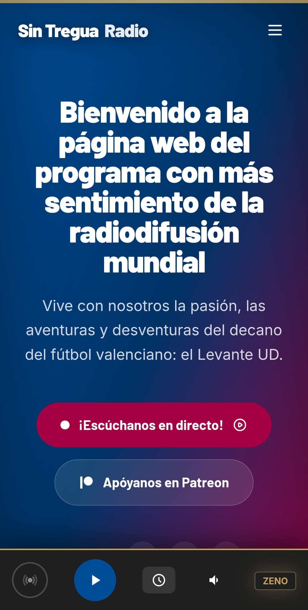 Portada de la web del programa de radio en el móvil, con el botón para escuchar en directo y el reproductor fijo abajo